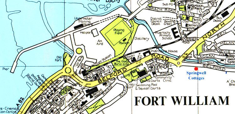 Map of Fort William showing location of Sprinwell Cottage in Glen Nevis